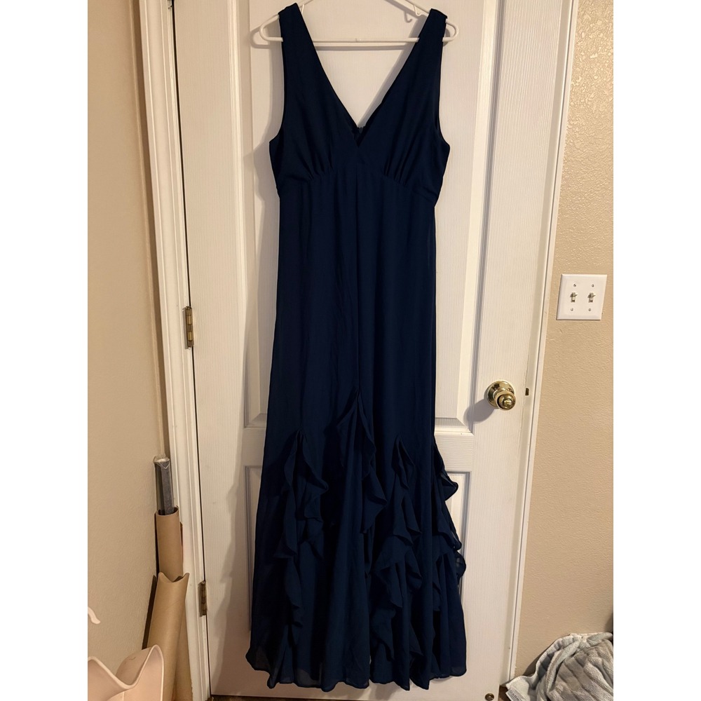 Lulus Maxi Dress Womens L Navy Blue NEW Ruffle Tiered V-Neck Chiffon Gown
